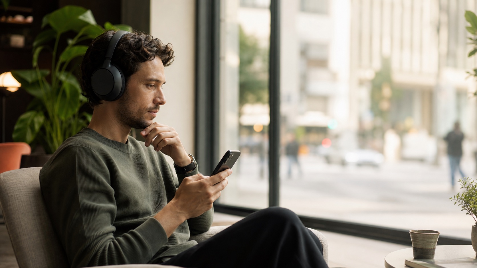 A listener evaluating wireless over-ear headphones while reading feedback on a phone